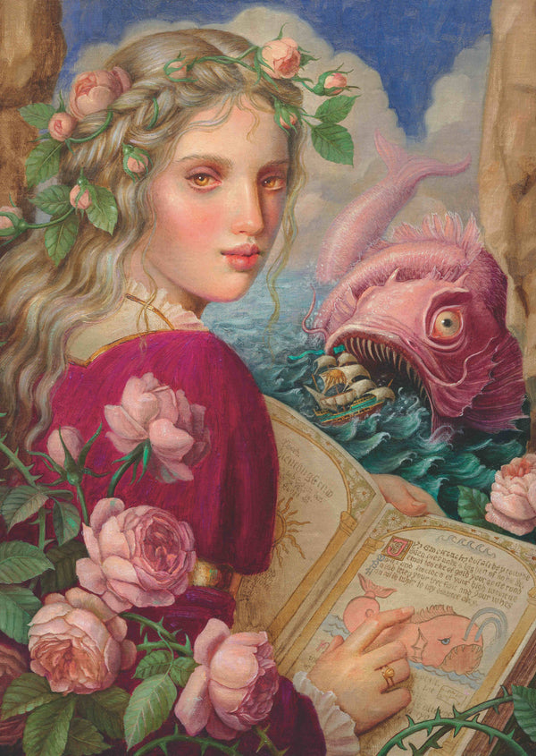 Fanciful painting of a woman with flowers and a fish-like sea monster in the background
