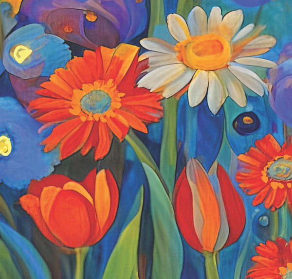 Colorful painting of flowers including tulips and daisies on a blue background