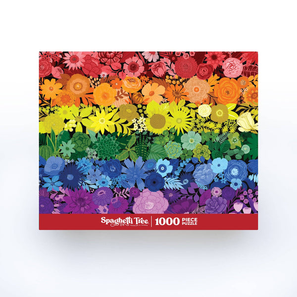 Colorful flower rainbow puzzle box with 'Spaghetti Tree' branding on a white background
