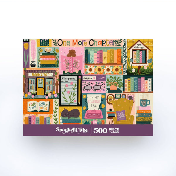 Puzzle box with book-themed design and 'Spaghetti Tree' branding on a white background
