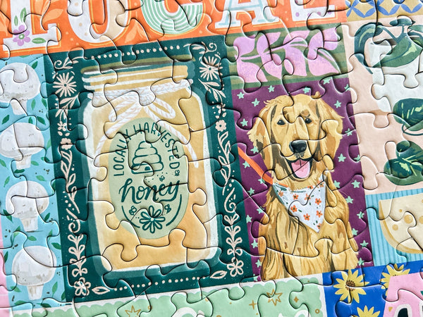 Jigsaw puzzle with a dog and honeycomb design