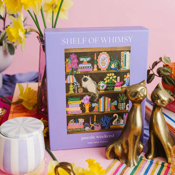 Shelf of Whimsy puzzle box with decorative elements on a pink background