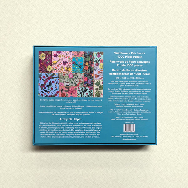 Back of puzzle box showing product details and small image of wildflower puzzle collage.