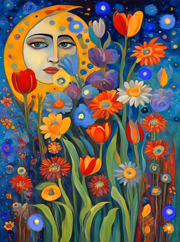 Colorful artwork of a face with floral elements on a blue background