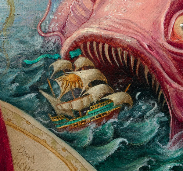 Illustration of a large sea monster with a ship in its mouth, surrounded by waves.