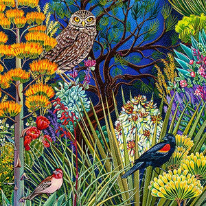Colorful illustration of an owl and birds in a garden setting with flowers and plants.