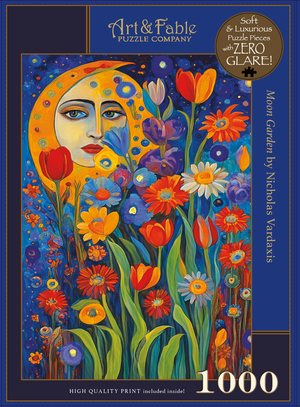 Jigsaw puzzle box with colorful artwork of a face surrounded by flowers, featuring the brand 'Art & Fable'.