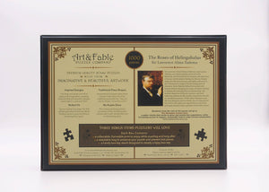 Art & Fable puzzle box with text detailing history of artist Sir Lawrence Alma-Tadema and additional puzzle details on a white background