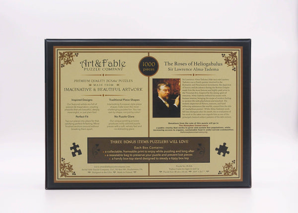 Art & Fable puzzle box with text detailing history of artist Sir Lawrence Alma-Tadema and additional puzzle details on a white background