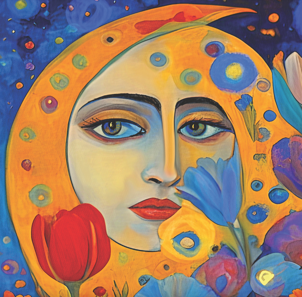 Colorful artwork of a face with floral elements on a blue background