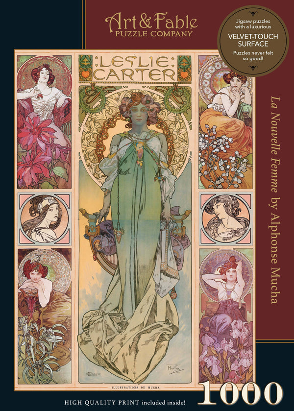 Art & Fable puzzle box with a collage of Art Nouveau styled women by Alphonse Mucha. Puzzle is titled La Nouvelle Femme and is 1000 pieces