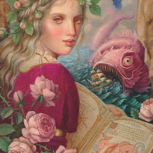Fanciful painting of a woman with flowers and a fish-like sea monster in the background