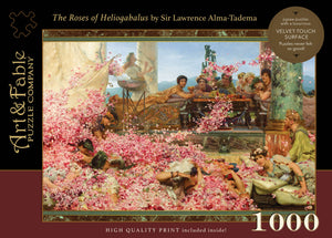 Art & Fable puzzle box with classical painting design and 'The Roses of Heligobalus' by Sir Lawrence Alma-Tadema.