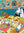 Colorful puzzle box with cartoon birds wearing bathing suits eating french fries and a beach scene on a white background