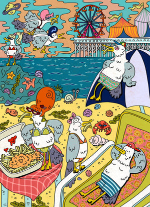 Colorful puzzle box with cartoon birds wearing bathing suits eating french fries and a beach scene on a white background