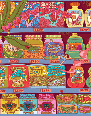 Illustration of a psychedelic scene of a tiny human smoking on a store shelf stocked with many jars and cans and boxes.