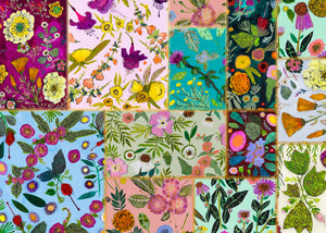 Artwork of grid collage of illustrated wild flowers separated by gold foil zigzag