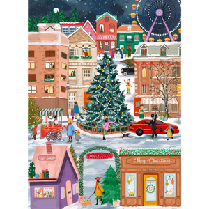 Illustration of a city with a large tree in the middle decorated for the holidays. 