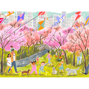 Artwork of a city scene of people walking and flying kites in a park full of trees with pink leaves.