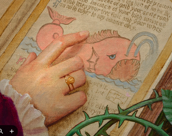Illustrated hand with a gold ring pointing to a mermaid illustration on an old document.