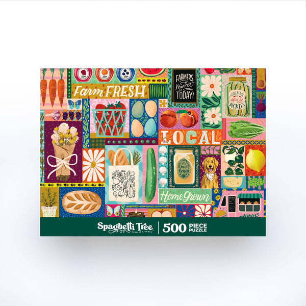 Colorful puzzle box with farmers market-themed graphics and 'Spaghetti Tree' branding on a white background