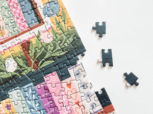 Colorful puzzle pieces on a white background
