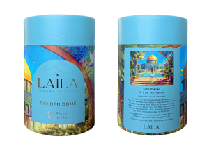 Two cylindrical puzzle containers with 'Laila Luxury Puzzles' branding and 'Golden Dome' design on a white background.