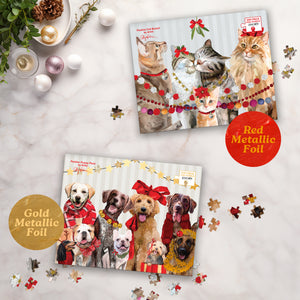 Two jigsaw puzzles with embellished metallic foil, one featuring cats and the other featuring dogs, both with festive holiday decorations.