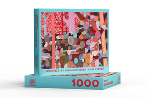 Jigsaw puzzle box with colorful design of an artistic 'Woodpile' by Benjamin Degen text on a white background