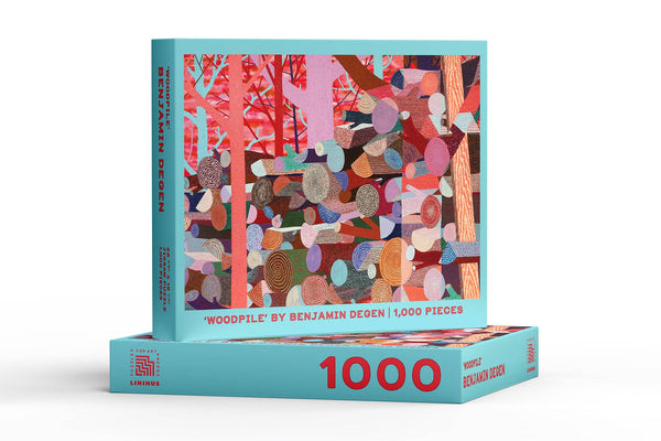 Jigsaw puzzle box with colorful design of an artistic 'Woodpile' by Benjamin Degen text on a white background