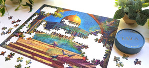 Jigsaw puzzle with a completed section showing a decorative illustration of a domed building with a pool and pigeons, framed by an archway.