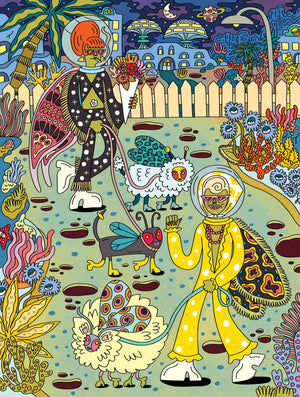 Illustration of a two aliens walking their alien pets surrounded by interesting alien houses and plants.