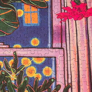 Colorful puzzle with a window and plant design
