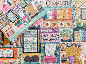 Colorful puzzle with a box and a completed puzzle featuring various book-themed scenes.
