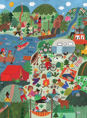 Illustration of a colorful camping scene with people engaging in various activities.