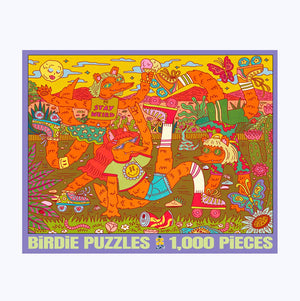 Photo of a jigsaw puzzle box against a white surface/wall. Box shows an illustration of three dog people wearing human clothing roller-skating in different poses.