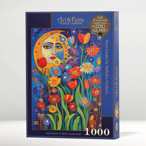 Jigsaw puzzle box with colorful artwork of a face surrounded by flowers, featuring Art & Fable branding.
