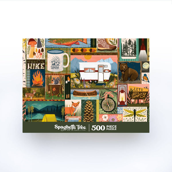 Puzzle box with various camping themed illustrations and 'Spaghetti Tree' branding on a white background
