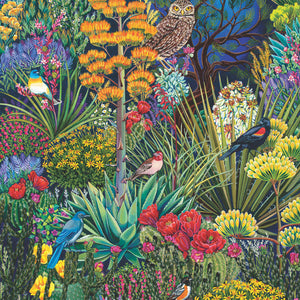 Colorful illustration of birds tucked among a vibrant garden of succulents and flowers. 