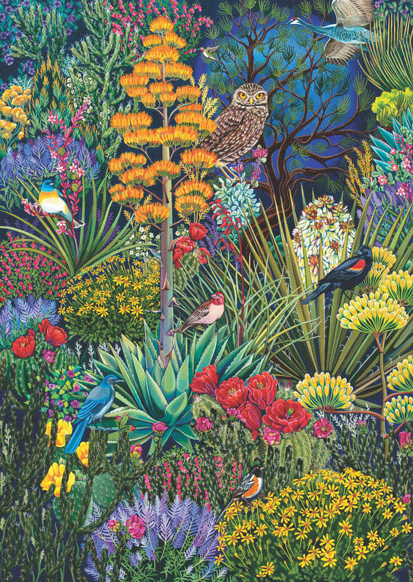 Colorful illustration of birds tucked among a vibrant garden of succulents and flowers. 