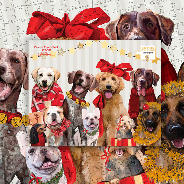 Festive Puppy Pack | 500 Piece Metallic Foil Embellished Jigsaw Puzzle