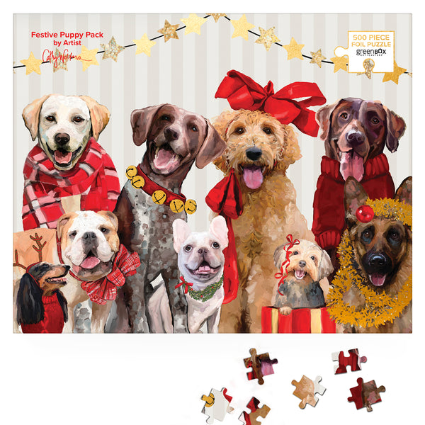 Festive Puppy Pack | 500 Piece Metallic Foil Embellished Jigsaw Puzzle