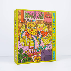 Colorful puzzle box with a cartoon anthropomorphic pizza character on a white background
