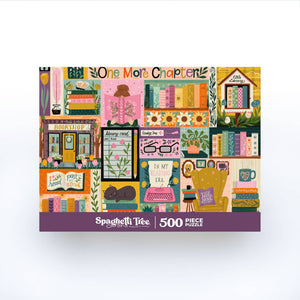 Puzzle box with book-themed design and 'Spaghetti Tree' branding on a white background