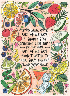 Colorful illustration with fruits, drinks, and a humorous quote on a light pink background.