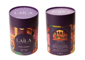 Two cylindrical puzzle boxes with 'Laila' branding and colorful designs on a white background