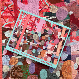 Colorful puzzle box showing 'Woodpile' art by Benjamin Degen on top of the completed puzzle.