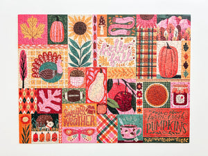 A complete jigsaw puzzle with a grid collection of art featuring autumn and Thanksgiving motifs, including pumpkins, turkeys, sunflowers, plaid patterns, acorns, and seasonal phrases like 'Sweater Weather' and 'Farm Fresh Pumpkins,' shown against a plain white background.
