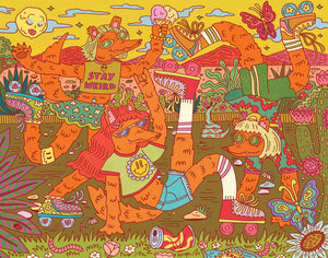 Illustration of three dog people wearing human clothing roller-skating in different poses.
