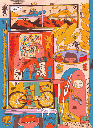 Illustration of a funky apartment building with inset pictures of little scenes of urban life.